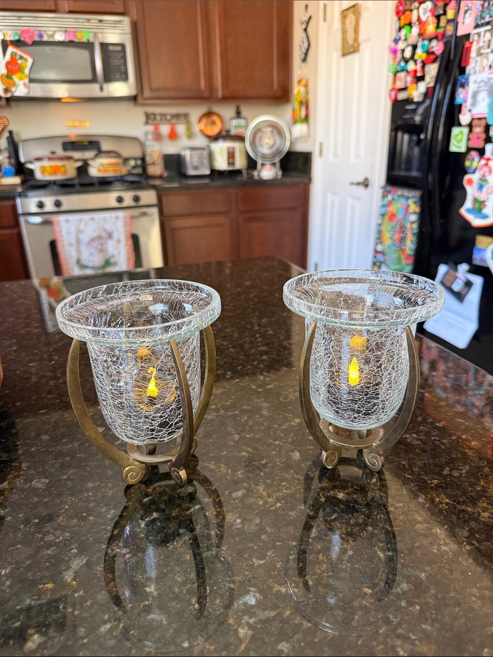 Antique Brass Crackled Glass Votive Candle Holders - Pair